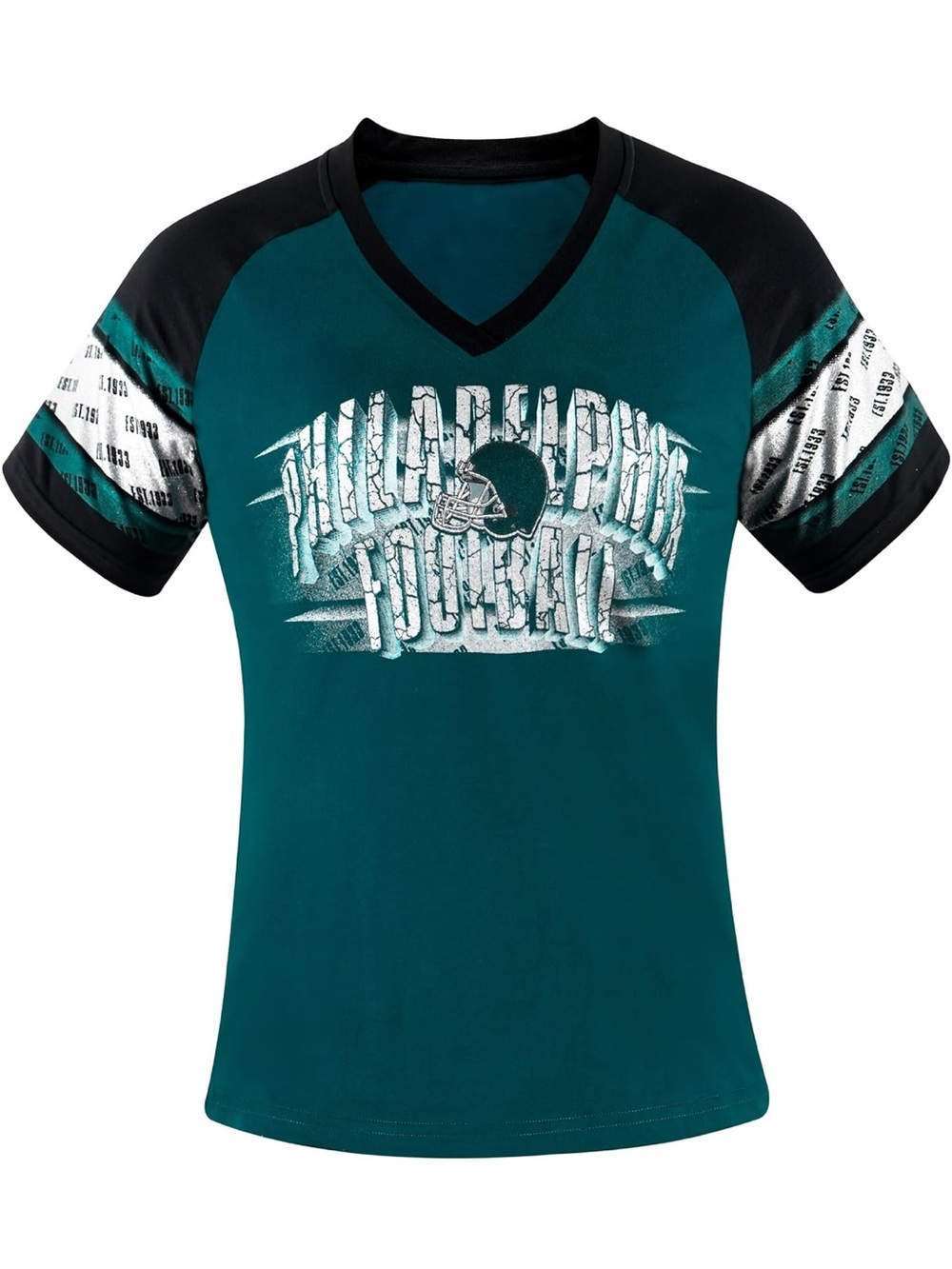 Adult Philadelphia Eagles Teal Football V‑Neck Tee with Black Raglan Sleeves